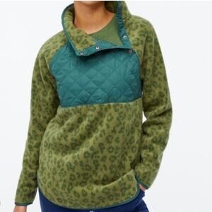 J. Crew Green Leopard Print Quilted Button-Neck Sherpa Long Sleeve Sweater Sz‎ M